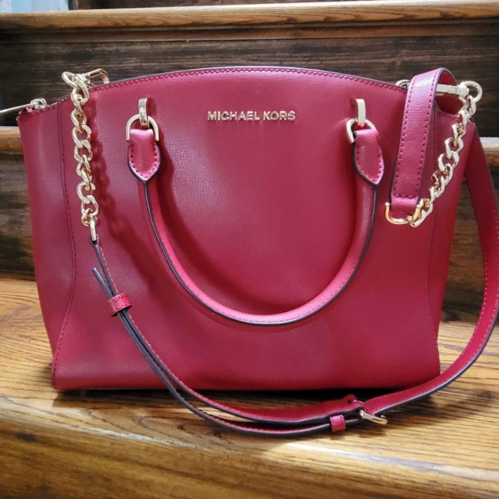 MICHAEL KORS Red Ellis Satchel Saffoano Leather Purse with removable straps